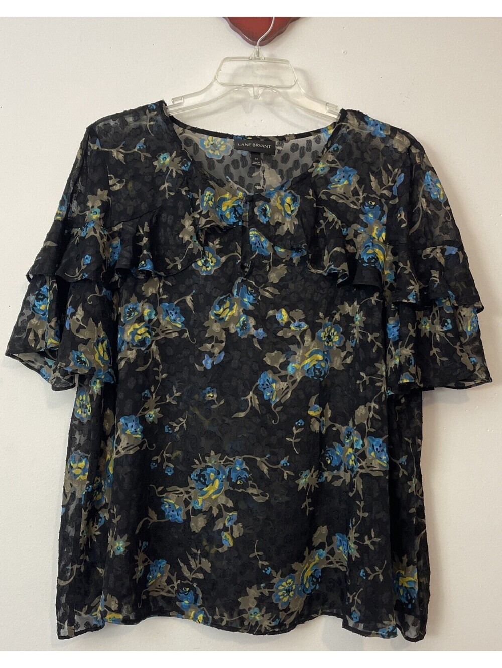 Lane Bryant Womens Size 22 Black Floral Textured Ruffled Sheer Blouse! M969